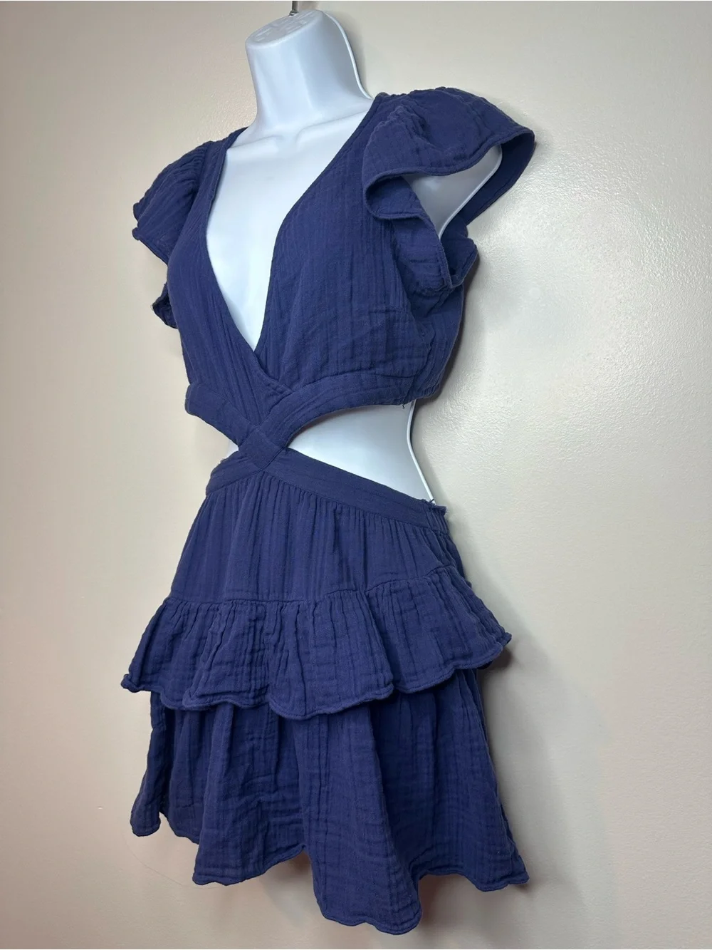 LoveShackFancy Audrina Cutout Rich Blue Ruffled Mini Dress size s
